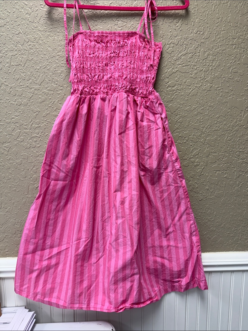 a new day Women's XS Pink Striped Sundress with Smocked Bodice